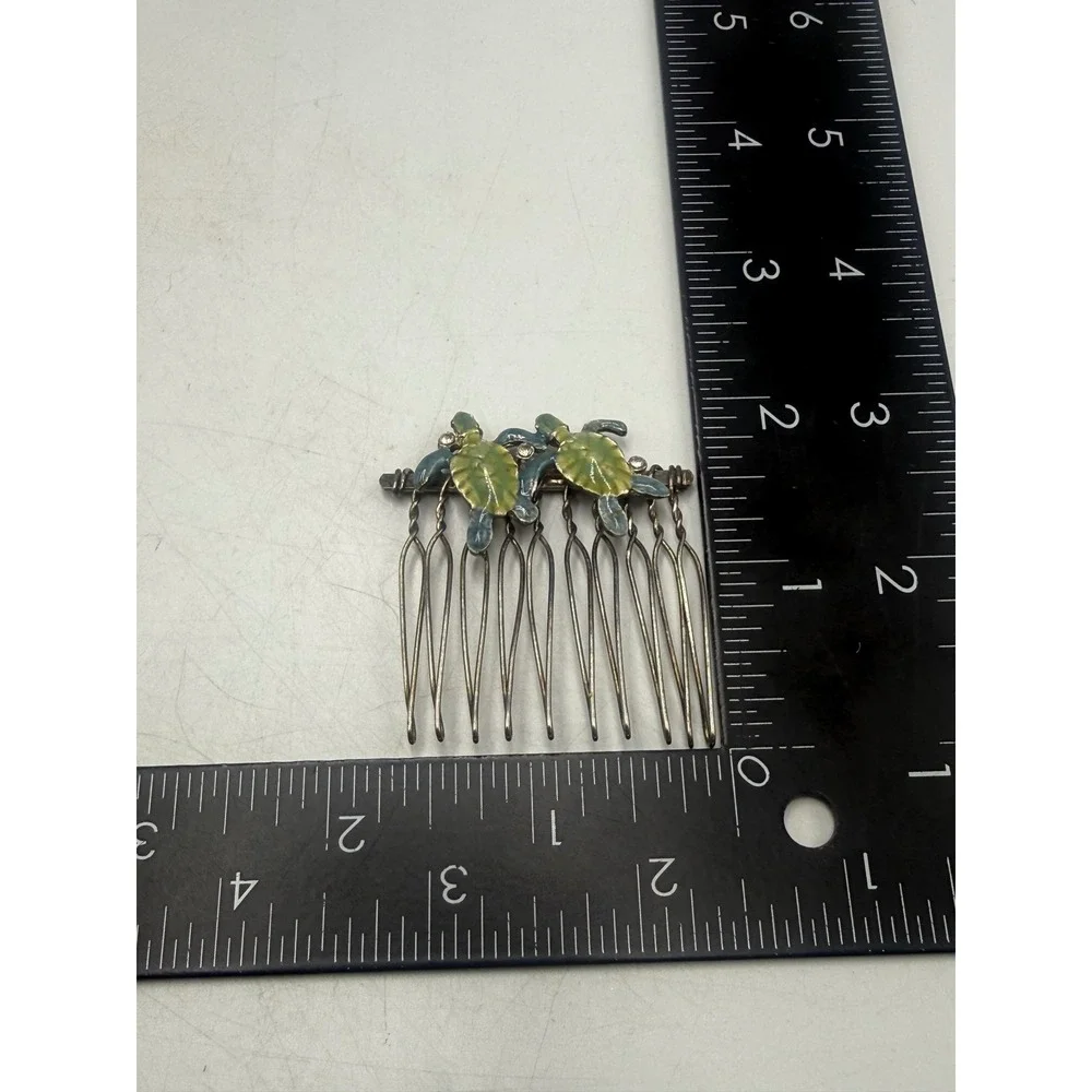 Vintage Sea Turtle Enamel Hair Comb Silver Tone Green Blue Coastal Accessory